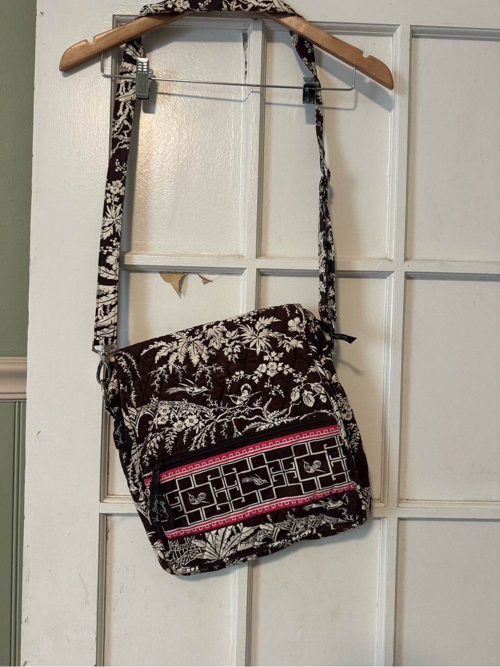 Vera Bradley Brown & White Messenger Bag with Red Trim